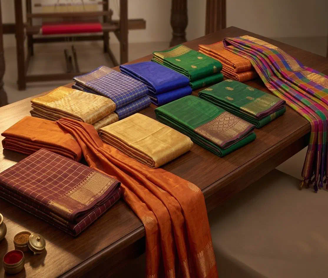 Madurai silk saris folded on a wooden table beside a handloom