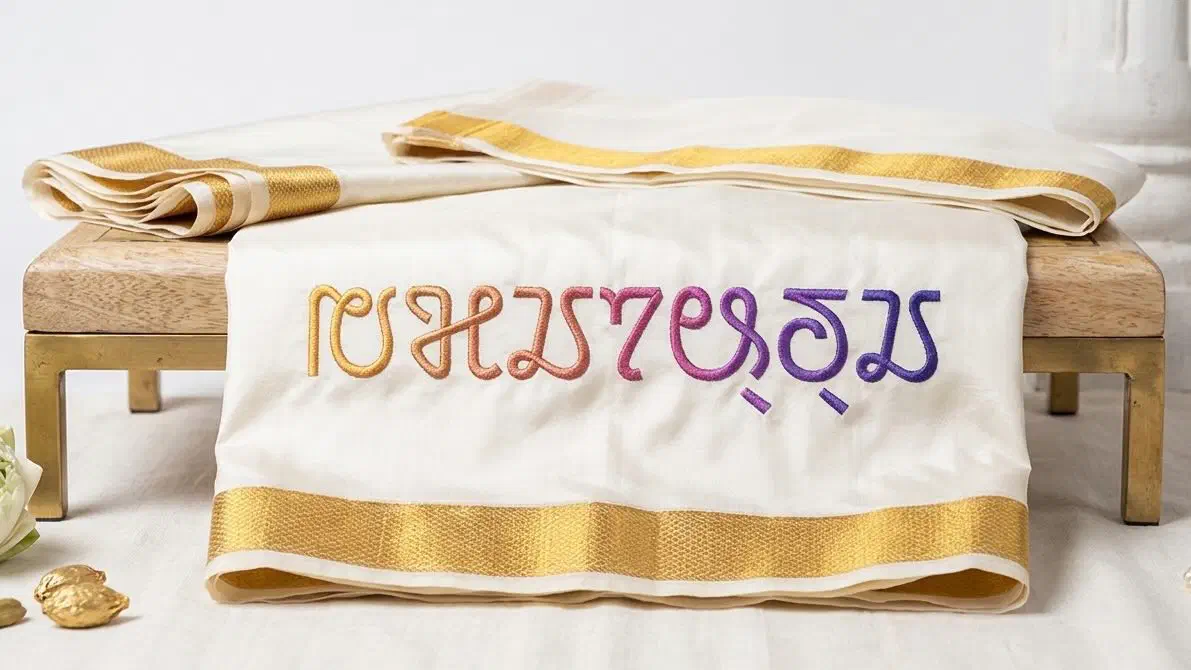 A silk veshti with a gold border, the word Sourashtra embroidered on it in Sourashtra script
