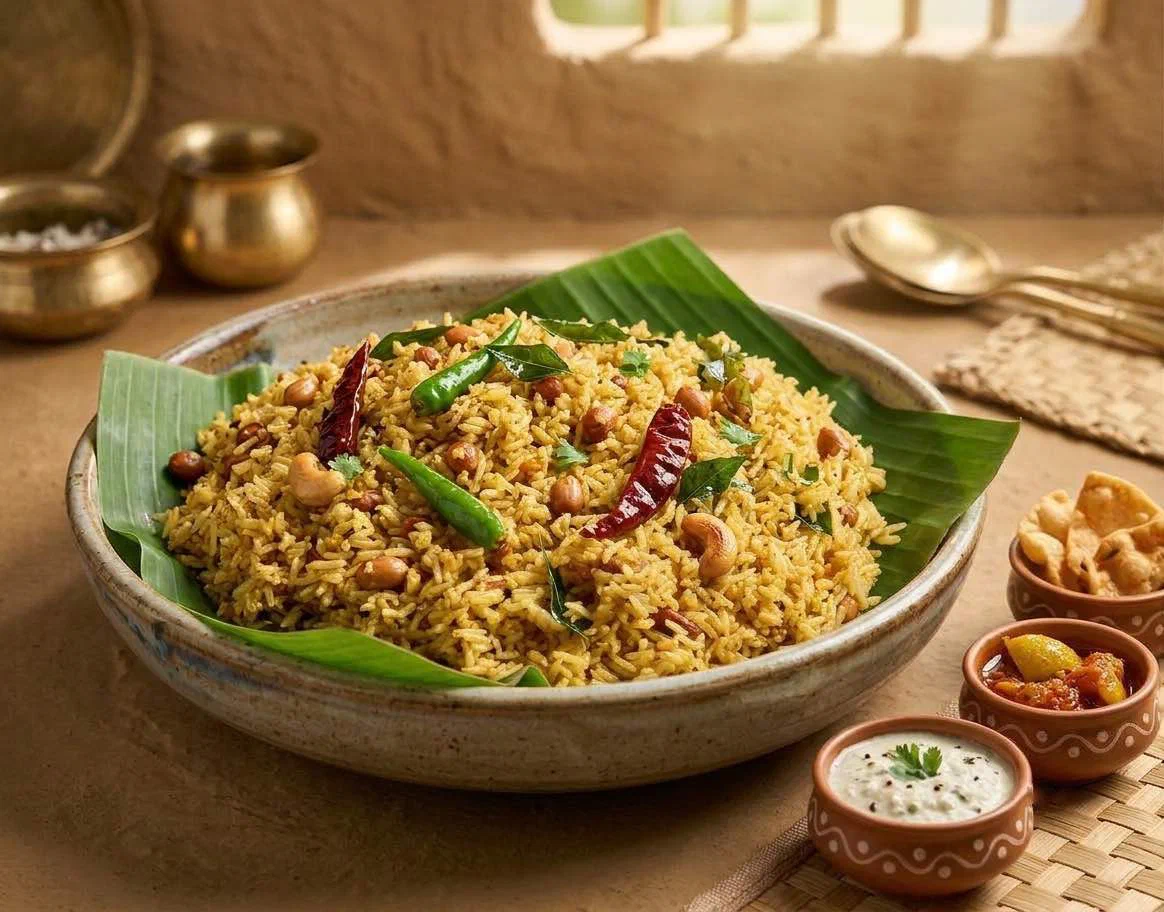 Ambhat Bhaath served on a banana leaf with appalam, pickle and curd